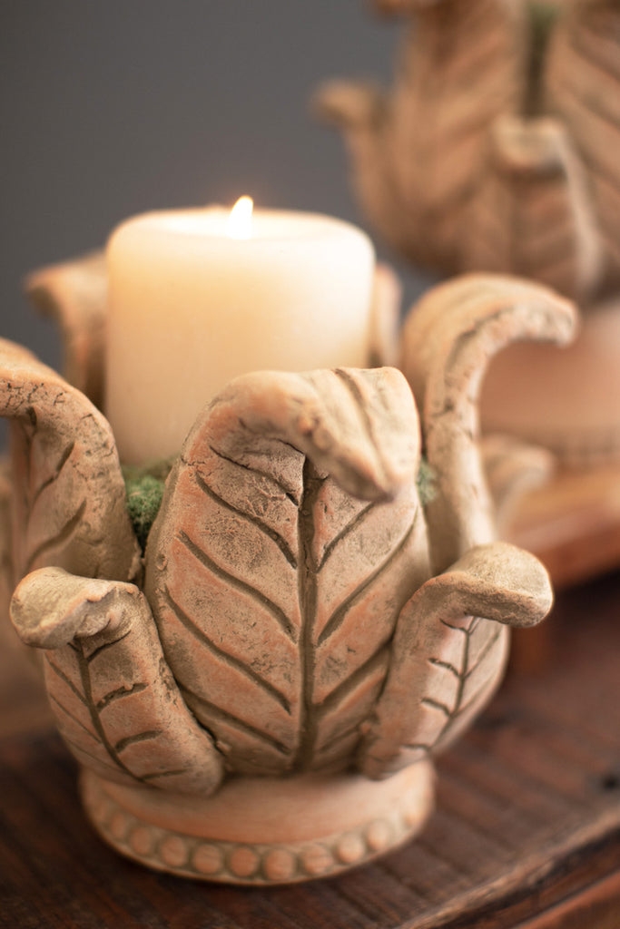 Set of 2 Clay Leaf Pillar Holders - Bombay Mercantile