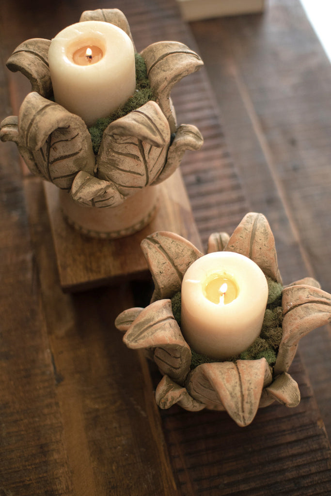 Set of 2 Clay Leaf Pillar Holders - Bombay Mercantile