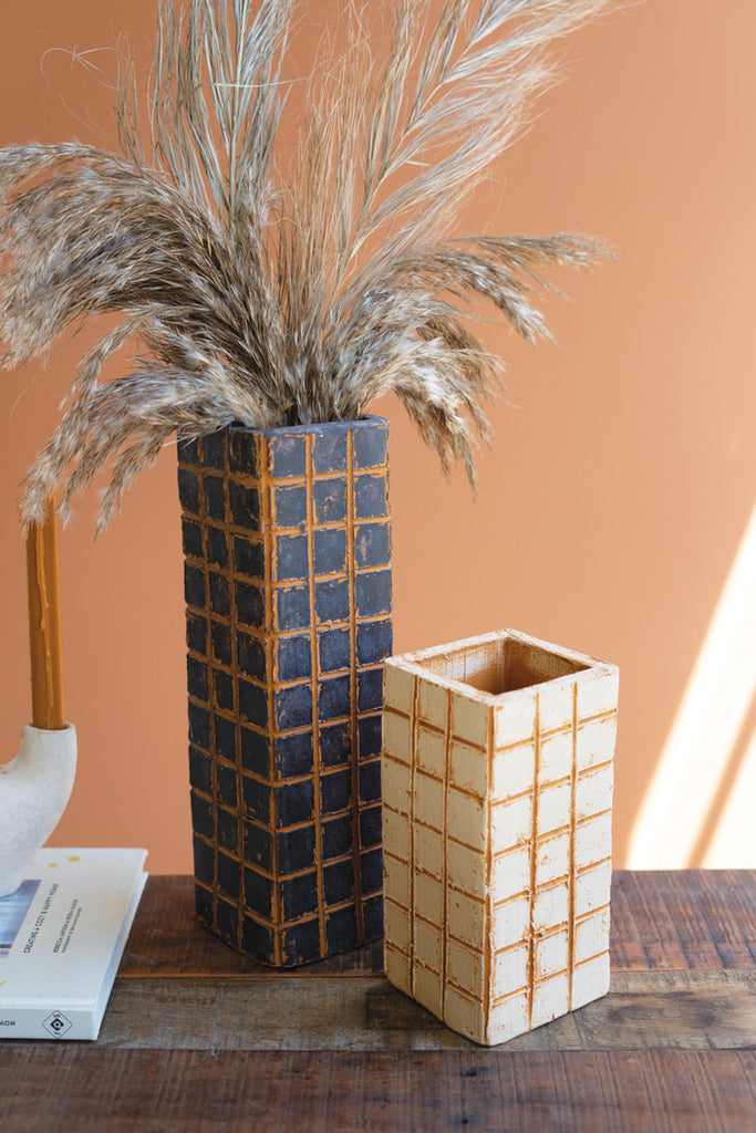 Set of 2 Black and Ivory Clay Etched Grid Vases - Bombay Mercantile