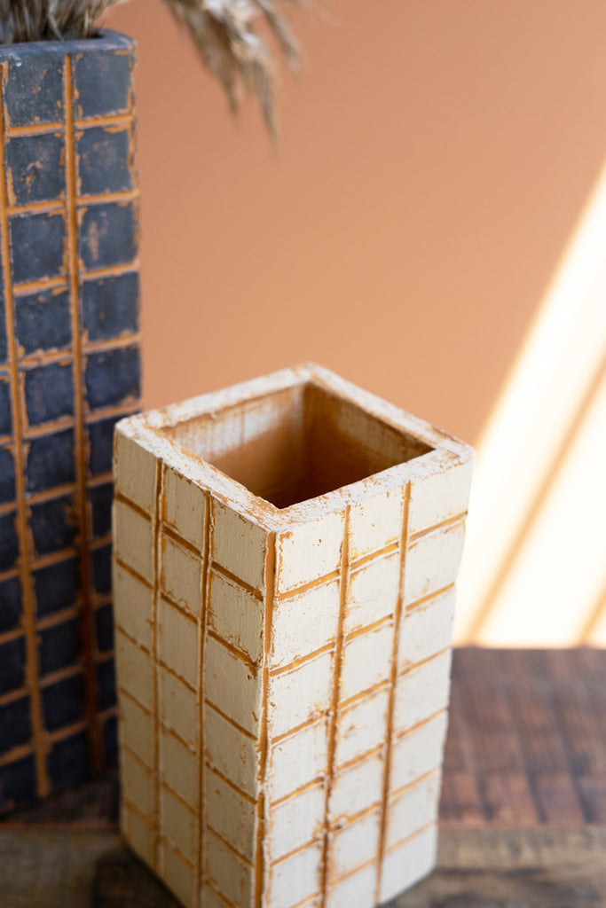 Set of 2 Black and Ivory Clay Etched Grid Vases - Bombay Mercantile