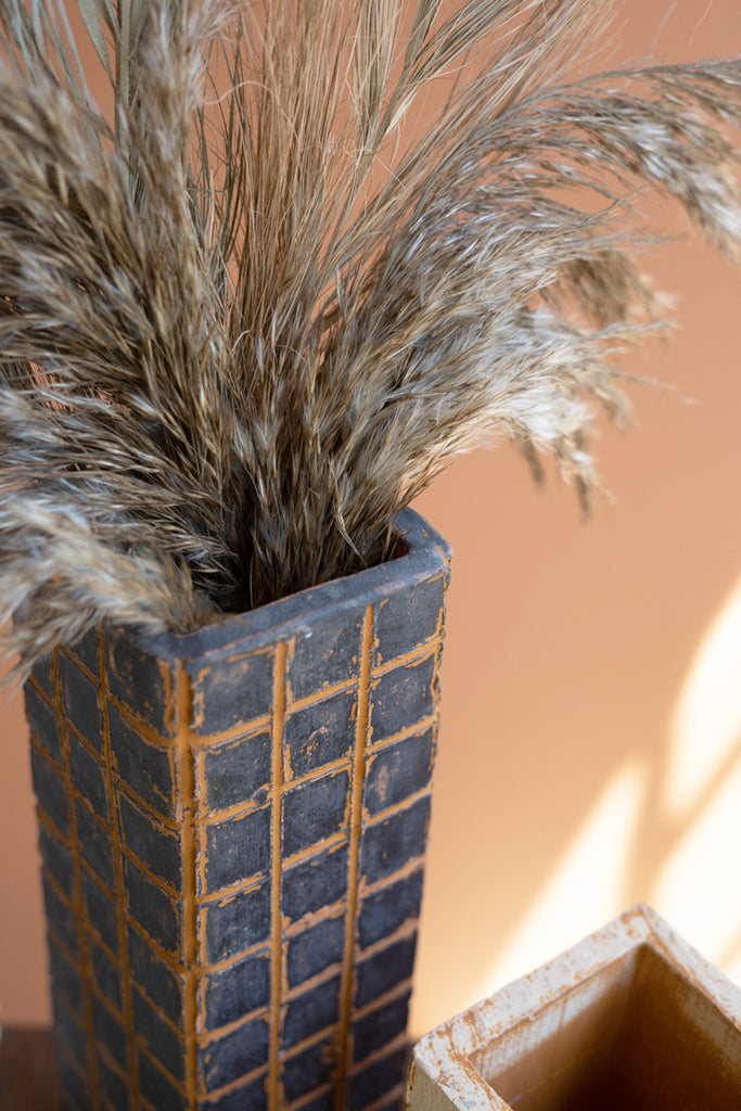 Set of 2 Black and Ivory Clay Etched Grid Vases - Bombay Mercantile