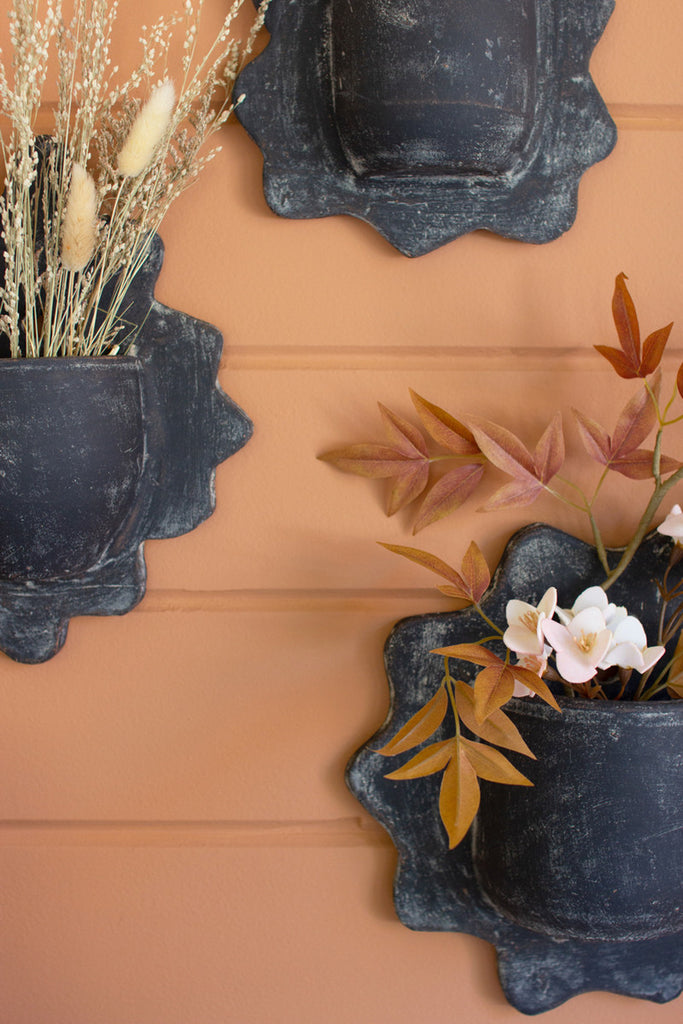 Set of 3 Black Wavy Clay Wall Planters - Bombay Mercantile