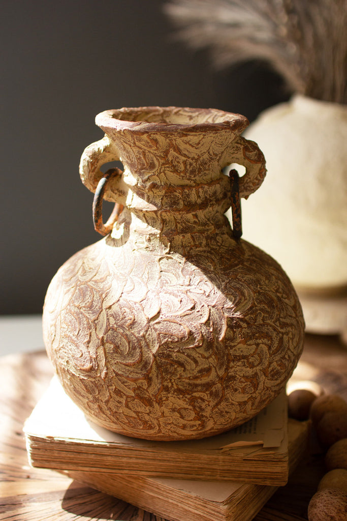 Short Clay Urn with Metal Rings - Bombay Mercantile