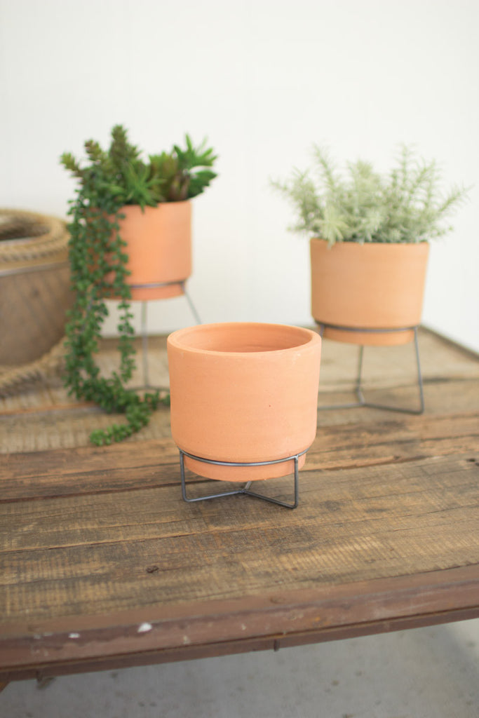 3 Natural Clay Planters with Wire Bases, Set of 2 - Bombay Mercantile