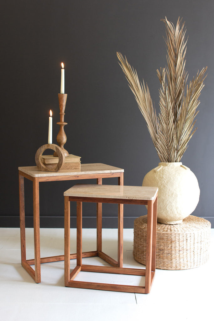 Set of 2 Nesting Travertine Side Tables with Acacia Wood Bases - Bombay Mercantile