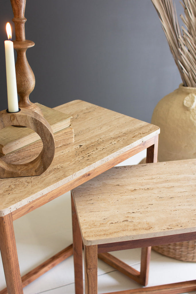 Set of 2 Nesting Travertine Side Tables with Acacia Wood Bases - Bombay Mercantile