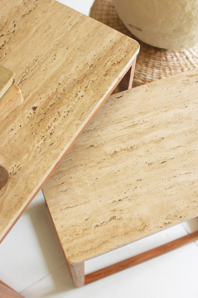 Set of 2 Nesting Travertine Side Tables with Acacia Wood Bases - Bombay Mercantile