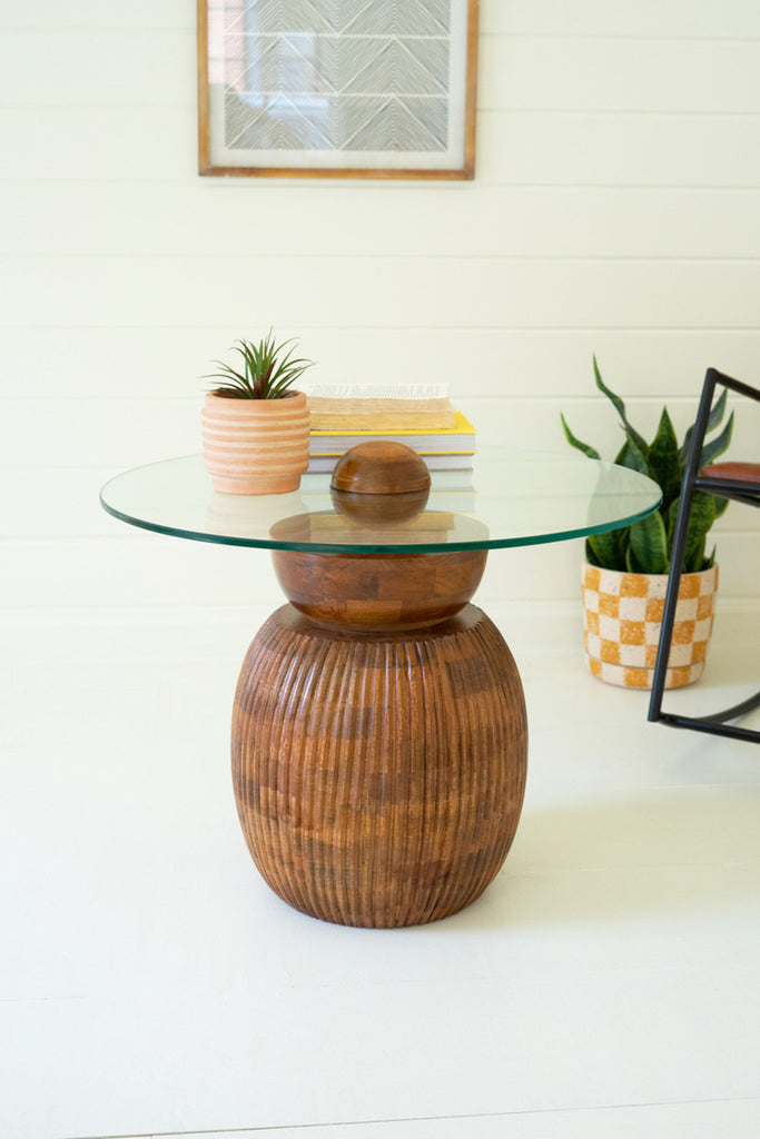 Carved Round Mango Table Base with Glass Top - Bombay Mercantile