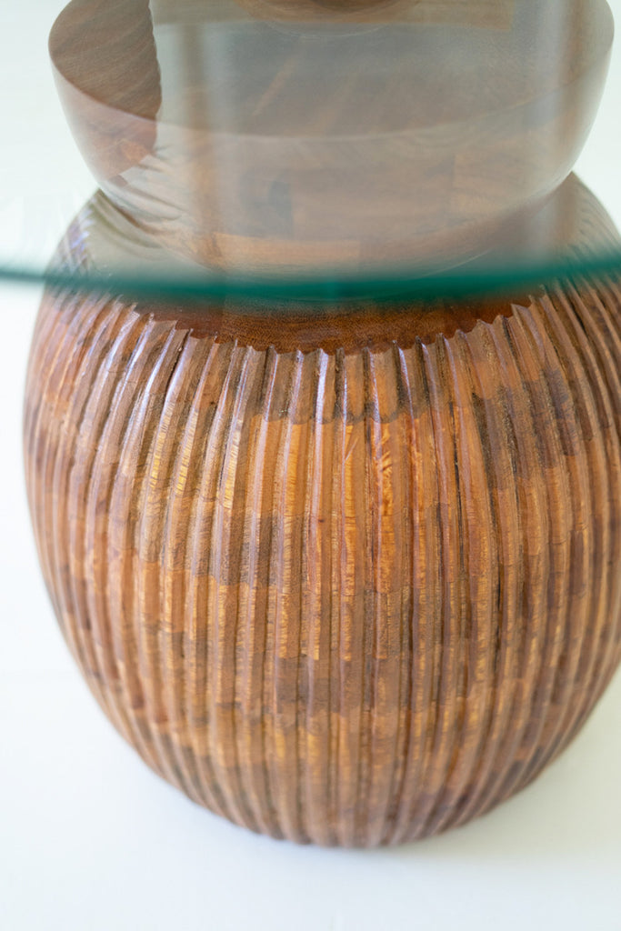 Carved Round Mango Table Base with Glass Top - Bombay Mercantile