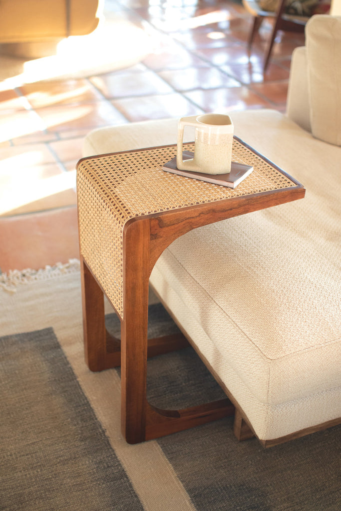 Wood Side Table with Woven Cane Detail - Bombay Mercantile