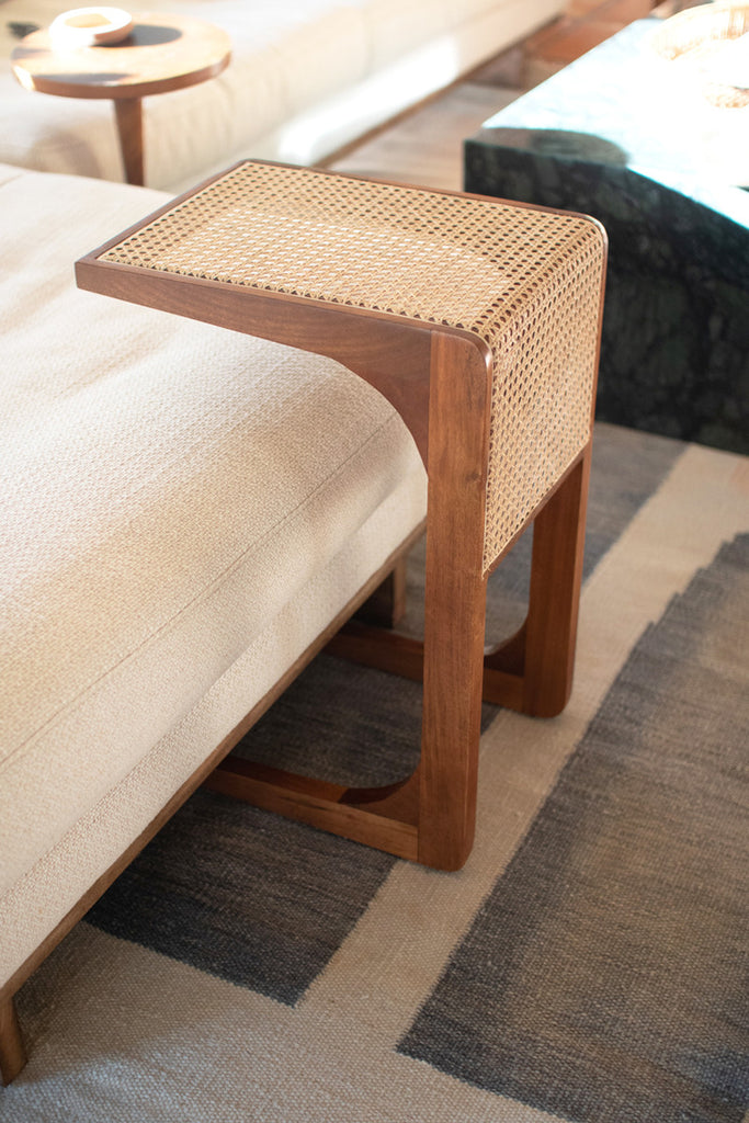 Wood Side Table with Woven Cane Detail - Bombay Mercantile