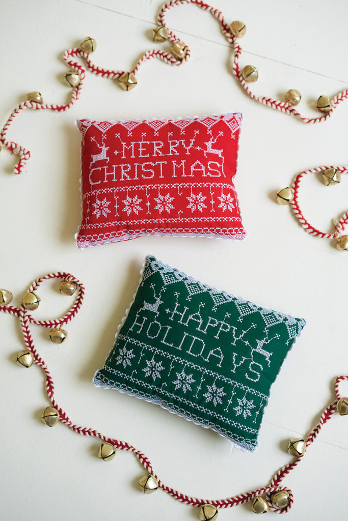 Set of 2 Cross-stitched Christmas Pillows - Bombay Mercantile