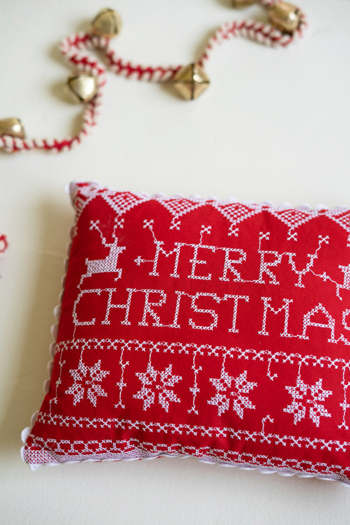 Set of 2 Cross-stitched Christmas Pillows - Bombay Mercantile