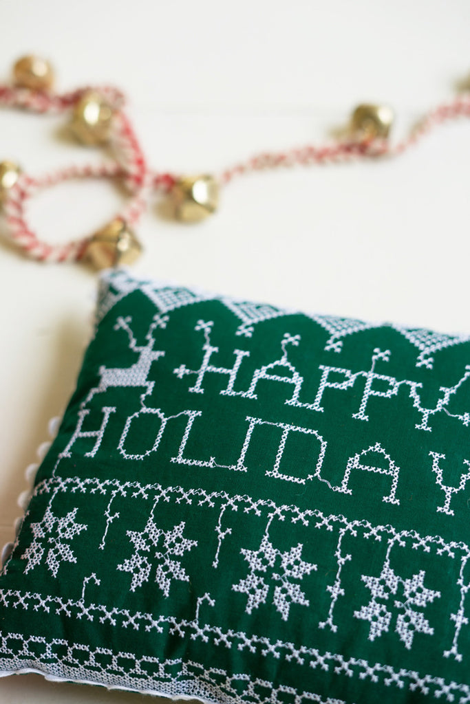 Set of 2 Cross-stitched Christmas Pillows - Bombay Mercantile