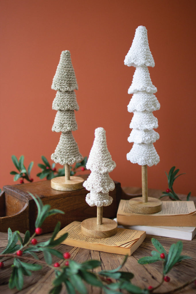 Set of 3 Crocheted Topiaries with Wooden Bases - Bombay Mercantile