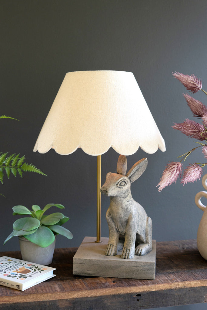 Table Lamp with Wooden Rabbit and Scalloped Fabric Shade - Bombay Mercantile
