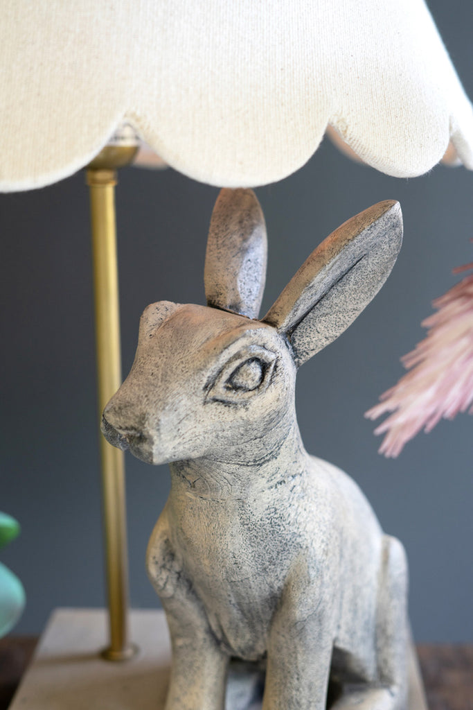 Table Lamp with Wooden Rabbit and Scalloped Fabric Shade - Bombay Mercantile