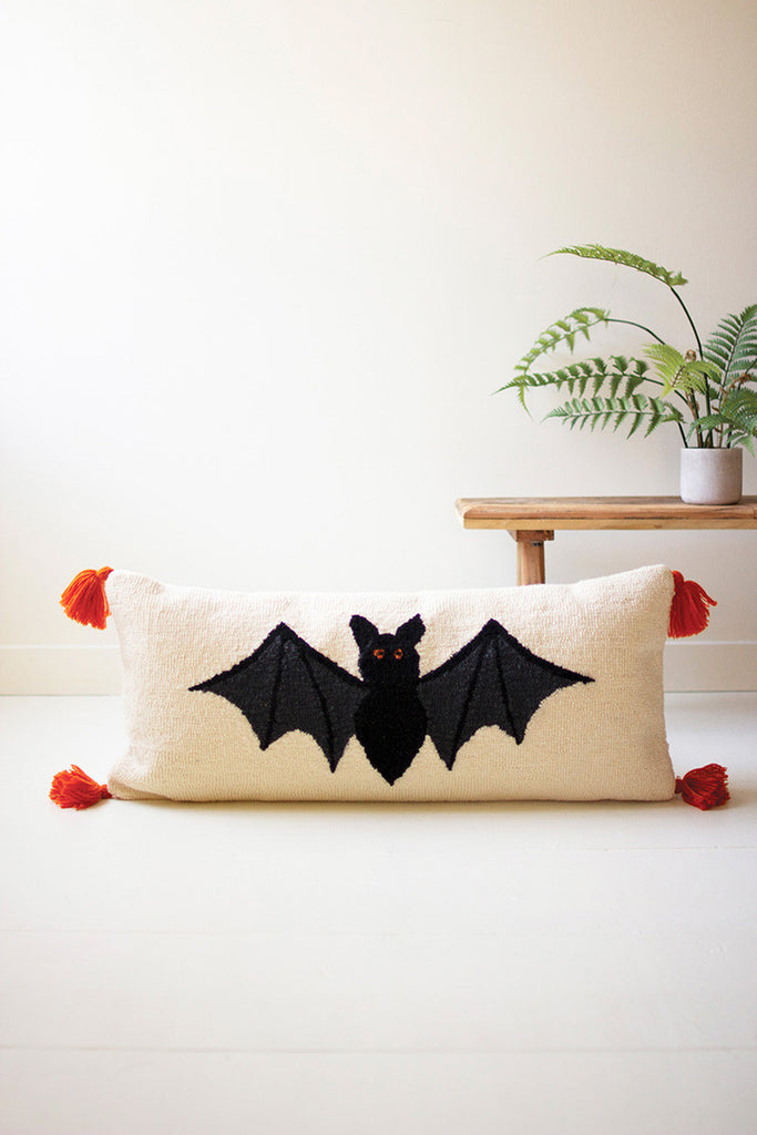 Halloween Bat Hand Hooked Pillow - Bombay Mercantile