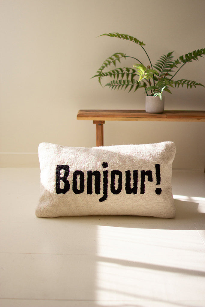 Bonjour! Hand-Hooked Pillow - Bombay Mercantile