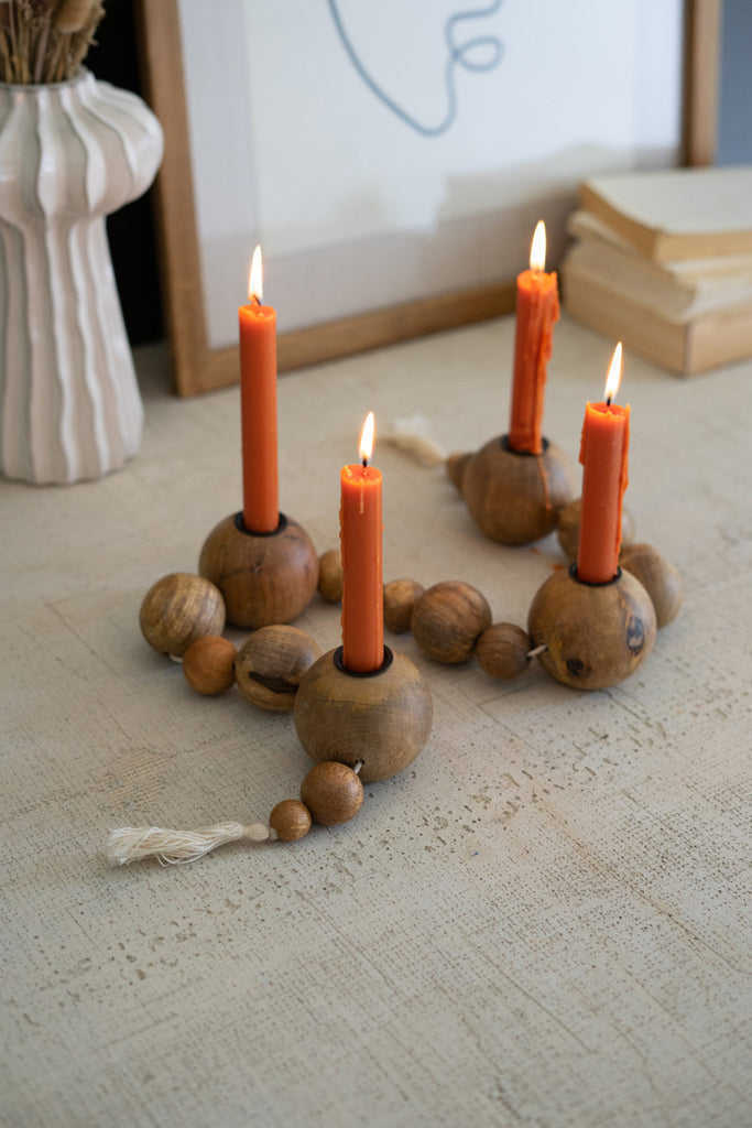 Strung Wooden Spheres Taper Holder - Bombay Mercantile
