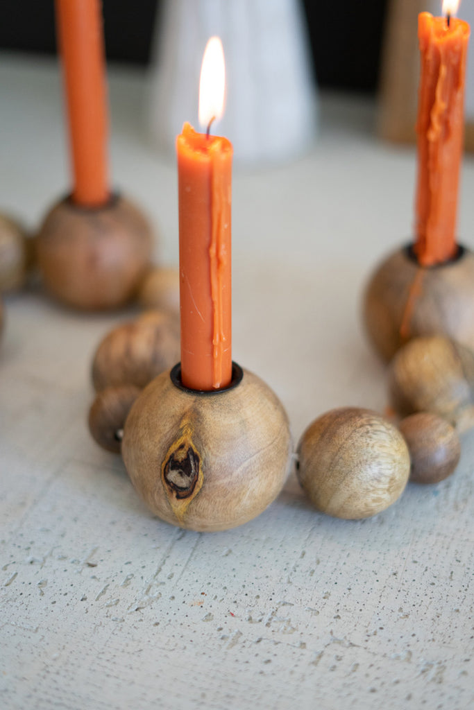 Strung Wooden Spheres Taper Holder - Bombay Mercantile
