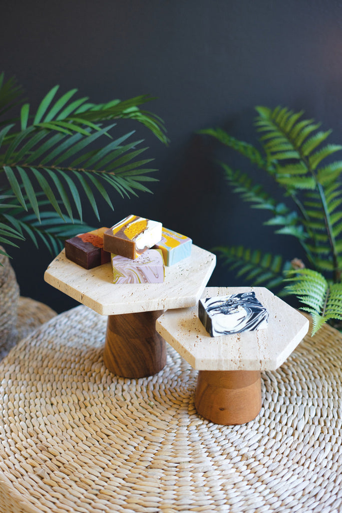 Set of 2 Travertine Display Pedestals with Mango Wood Bases - Bombay Mercantile
