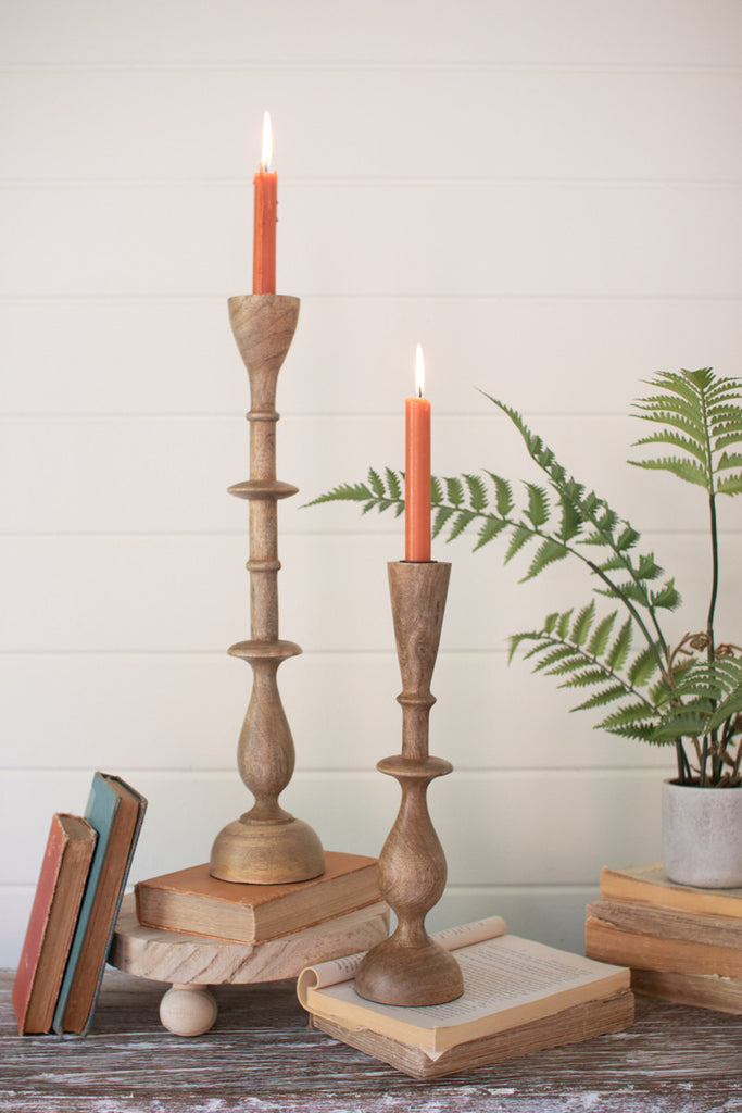 Set of 2 Mango Wood Candle Stands - Bombay Mercantile