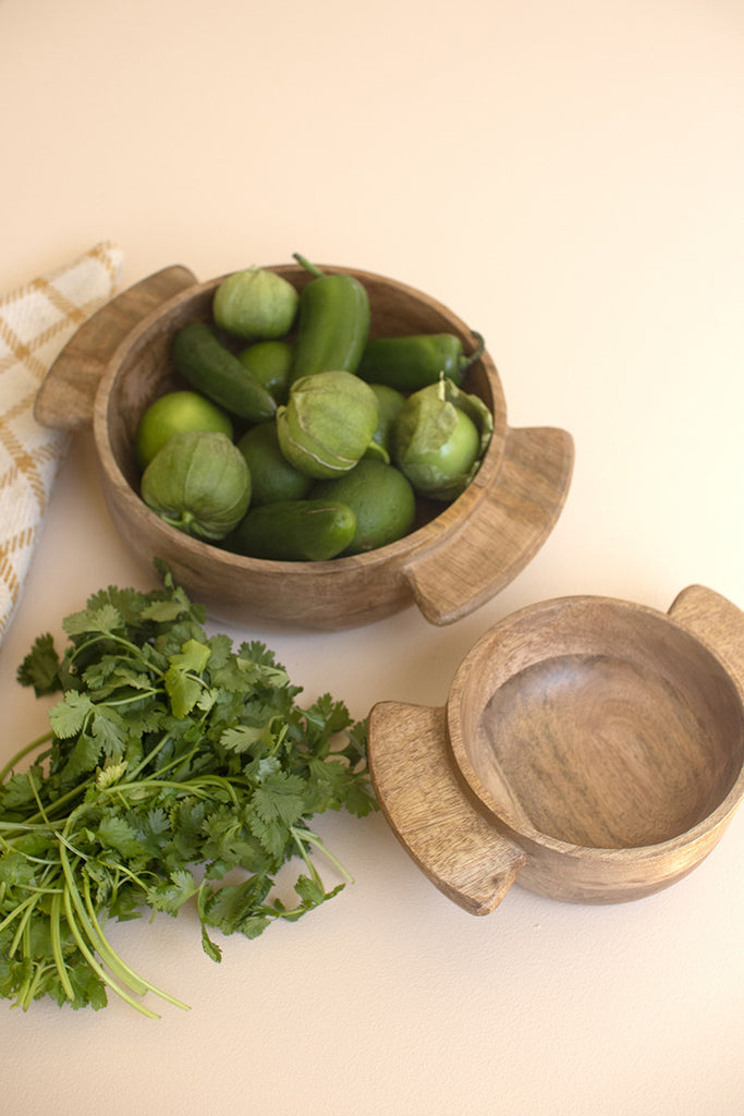 Set of 2 Mango Wood Salad Bowls with Handles - Bombay Mercantile