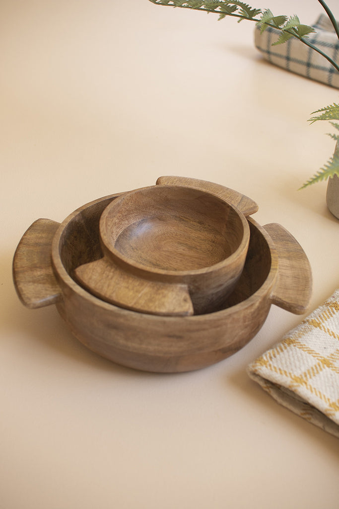 Set of 2 Mango Wood Salad Bowls with Handles - Bombay Mercantile