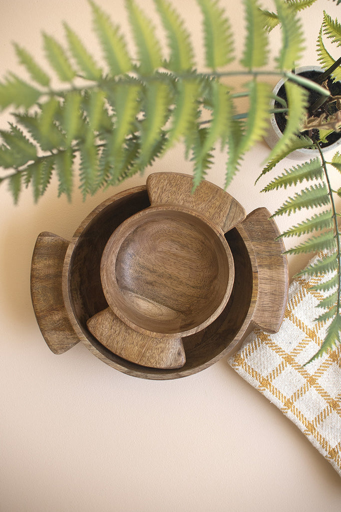 Set of 2 Mango Wood Salad Bowls with Handles - Bombay Mercantile