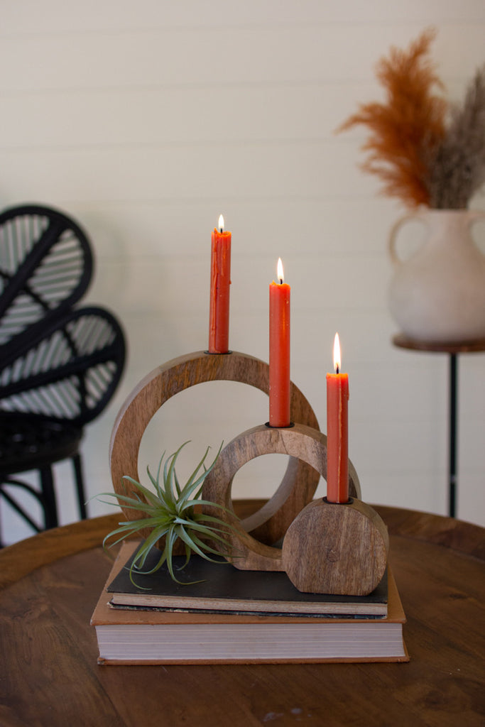 Set of 3 Circle Mango Wood Taper Candle Holders - Bombay Mercantile