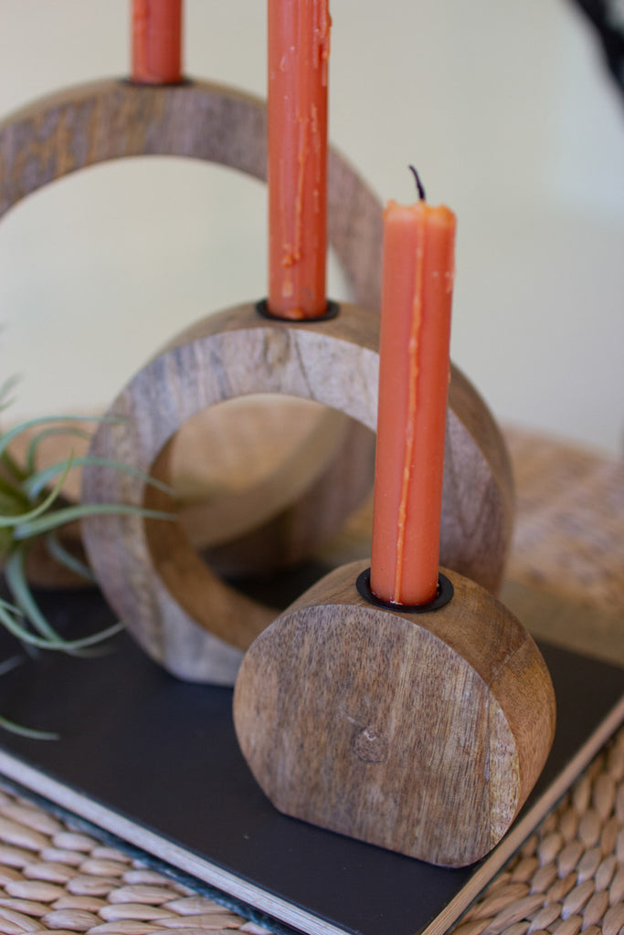 Set of 3 Circle Mango Wood Taper Candle Holders - Bombay Mercantile