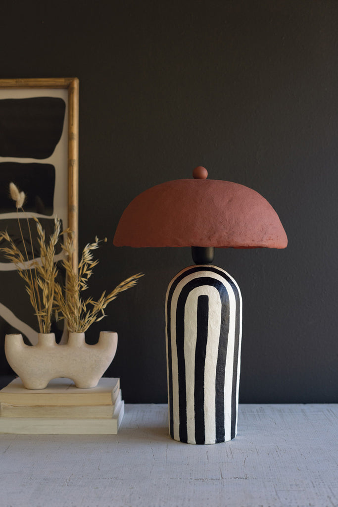 Black and White Paper Mache Table Lamp Base with Rust Shade - Bombay Mercantile