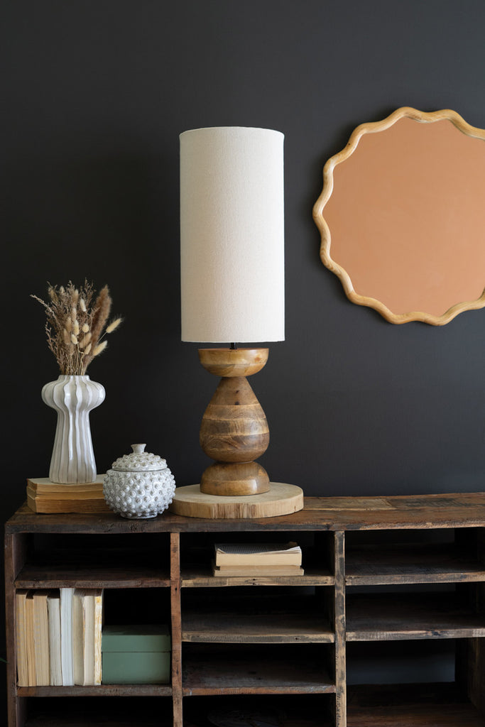 Mango Wood Table Lamp with Fabric Cylinder Shade - Bombay Mercantile