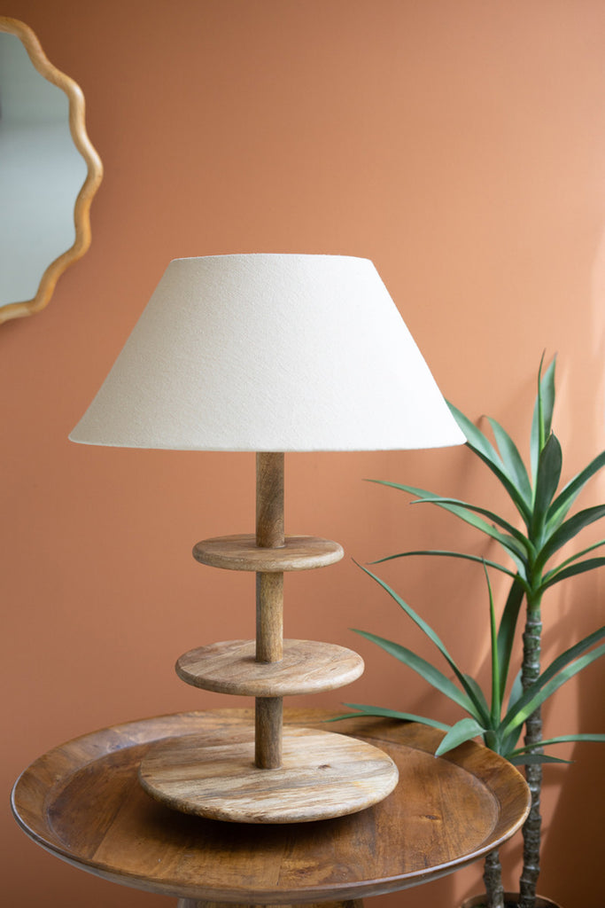 Three-Tiered Mango Wood Table Lamp with Tapered Fabric Shade - Bombay Mercantile