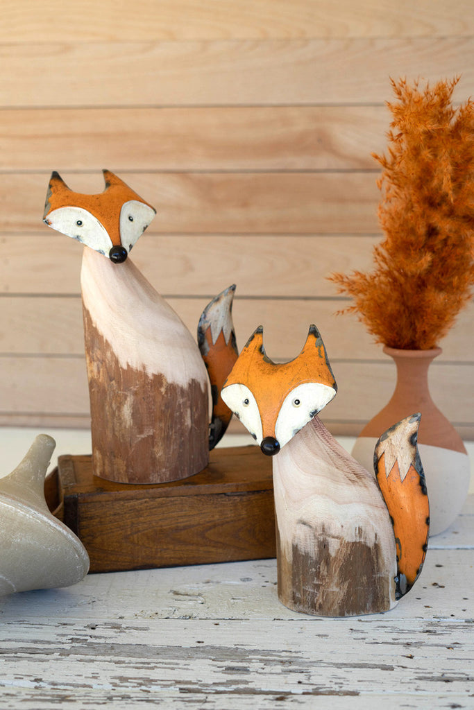 Set of 2 Recycled Wood and Iron Foxes - Bombay Mercantile