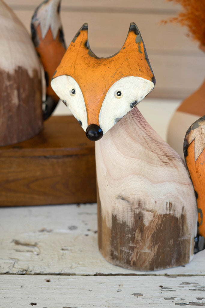 Set of 2 Recycled Wood and Iron Foxes - Bombay Mercantile