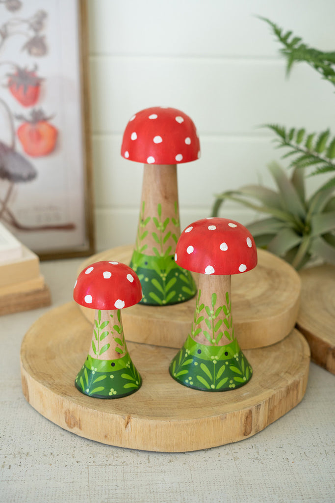 Set of 3 Painted Wooden Mushrooms - Bombay Mercantile