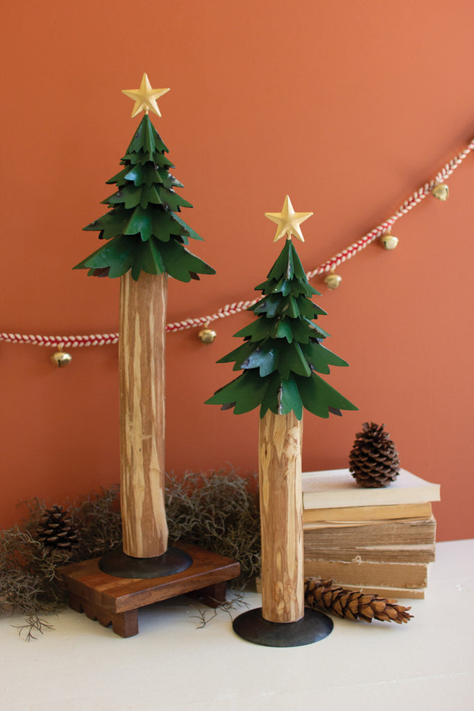 Set of 2 Recycled Christmas Trees with Wood Bases - Bombay Mercantile