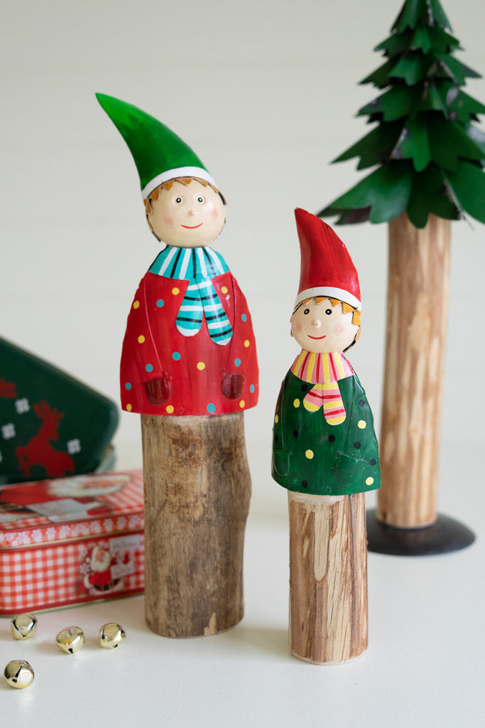 Set of 2 Painted Metal and Wood Elves - Bombay Mercantile