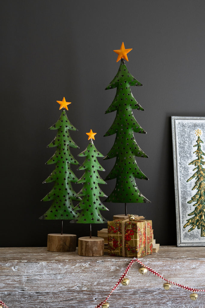 Set of 3 Recycled Iron Christmas Trees on Wood Bases - Bombay Mercantile