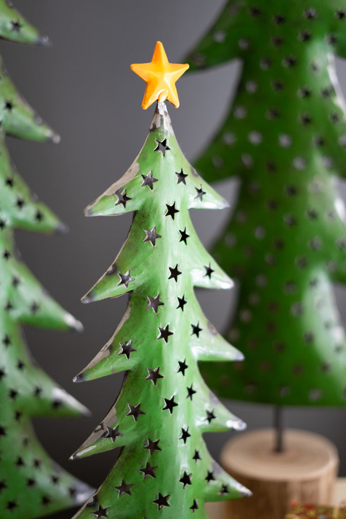 Set of 3 Recycled Iron Christmas Trees on Wood Bases - Bombay Mercantile