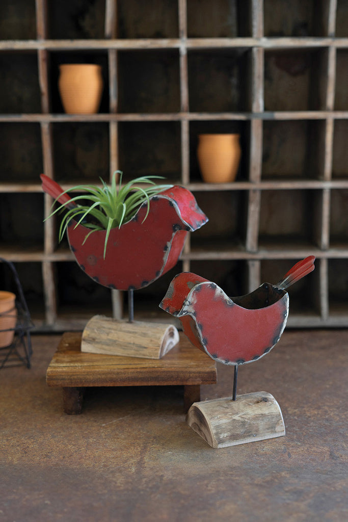 Set of 2 Red Metal Bird Planters - Bombay Mercantile