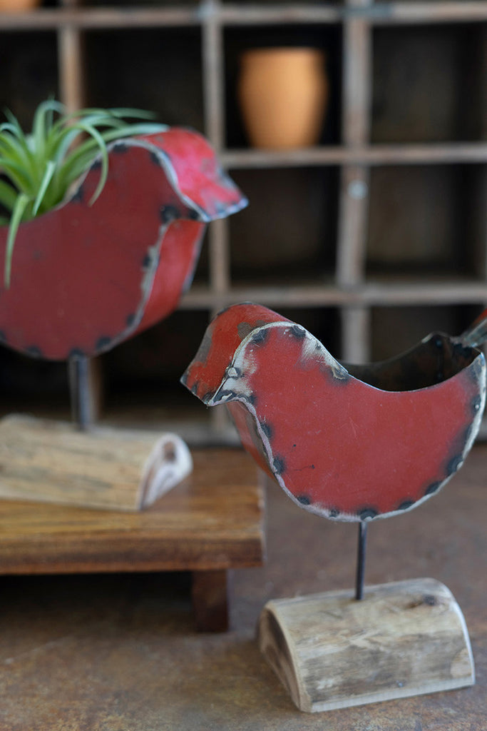 Set of 2 Red Metal Bird Planters - Bombay Mercantile