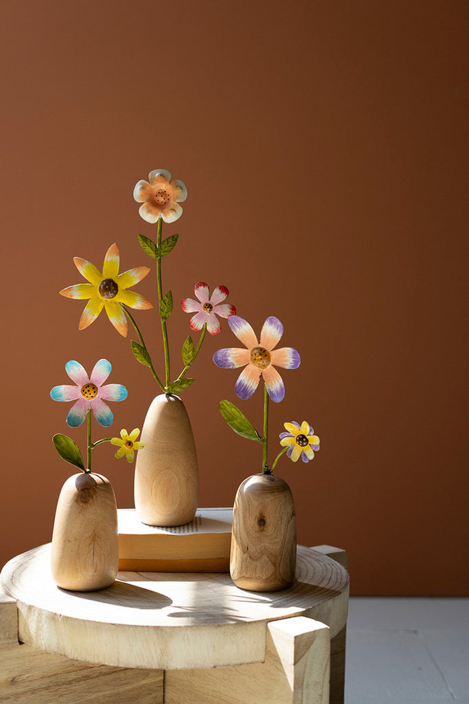 Set of 3 Painted Metal Flowers with Wooden Bases - Bombay Mercantile