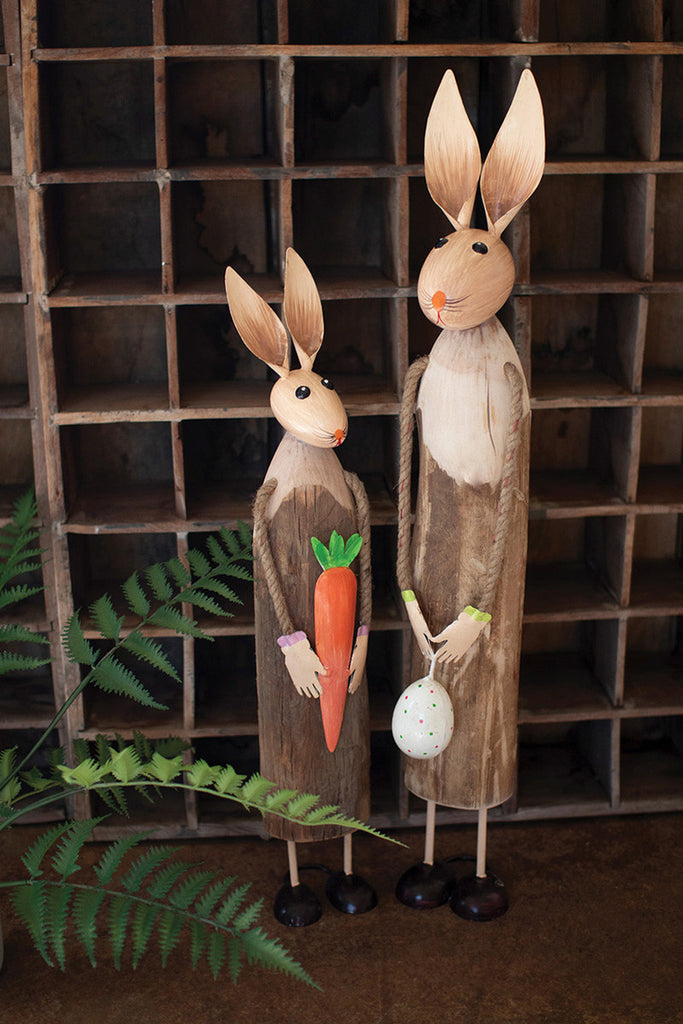 Set of 2 Painted Metal and Wood Easter Rabbits - Bombay Mercantile
