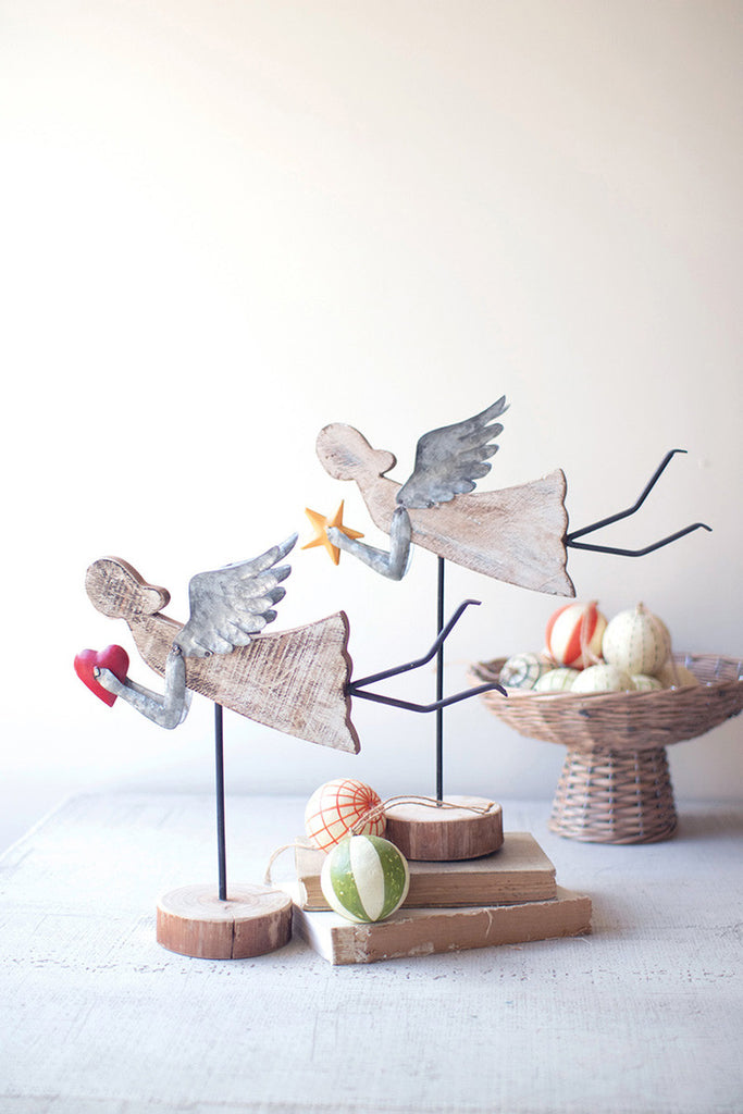 Set of 2 Flying Painted Wood and Metal Angels On Wood Bases - Bombay Mercantile