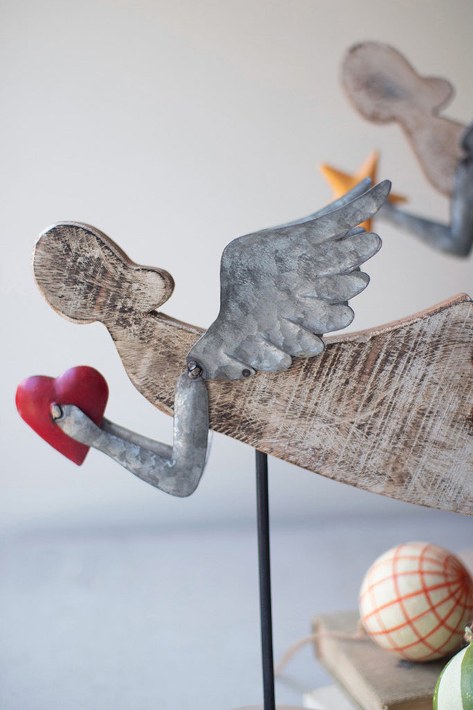 Set of 2 Flying Painted Wood and Metal Angels On Wood Bases - Bombay Mercantile