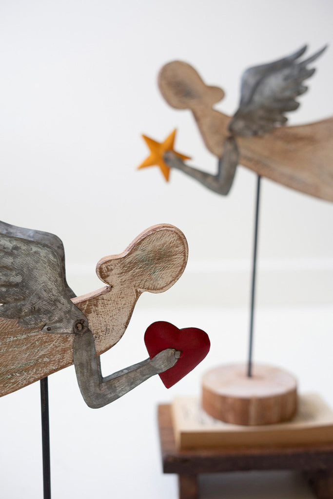 Set of 2 Flying Painted Wood and Metal Angels On Wood Bases - Bombay Mercantile
