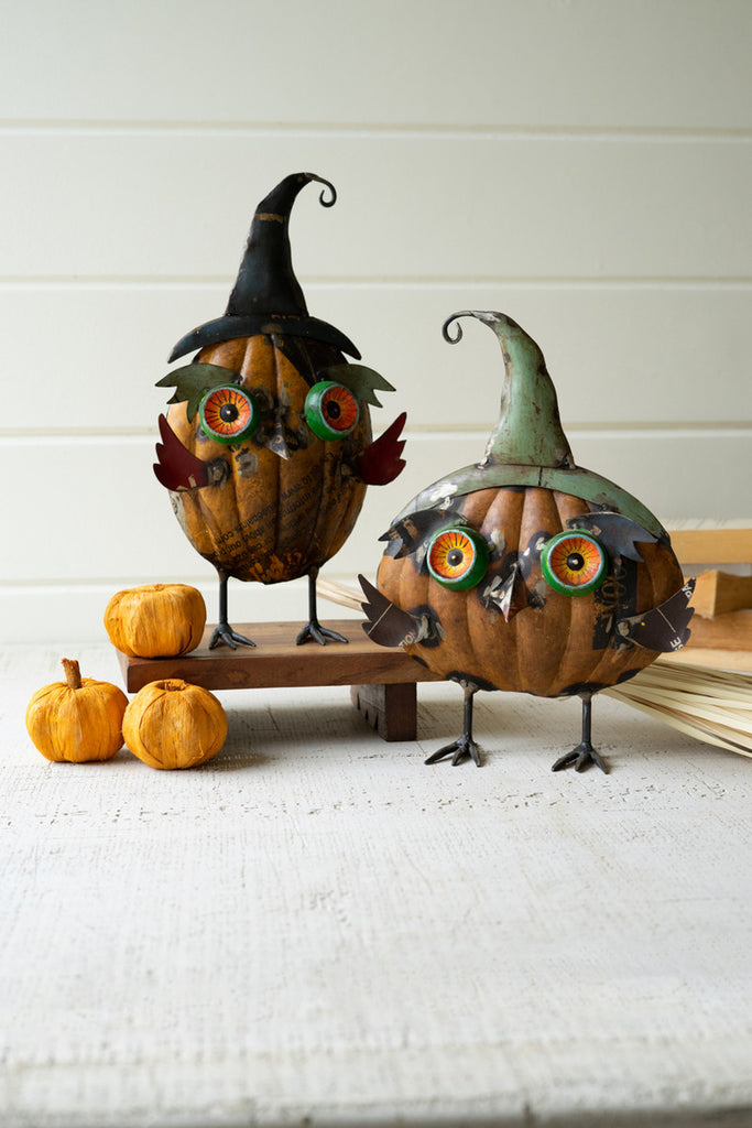 Set of 2 Recycled Metal Owls - Bombay Mercantile